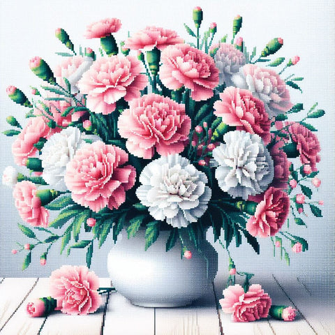 Image of diamond painting of pink and white carnations bouquet