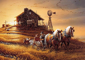 Diamond painting of a farmer plowing a field with two horses.