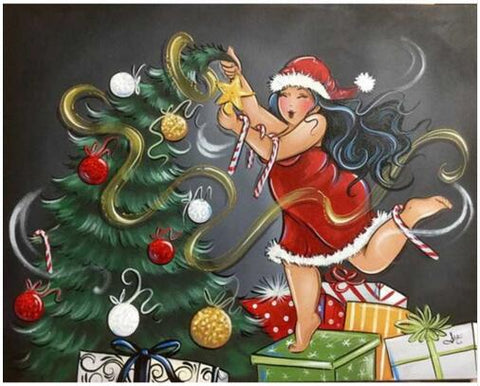 Image of diamond painting of a curvy woman in a Santa hat decorating a Christmas tree