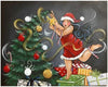 diamond painting of a curvy woman in a Santa hat decorating a Christmas tree