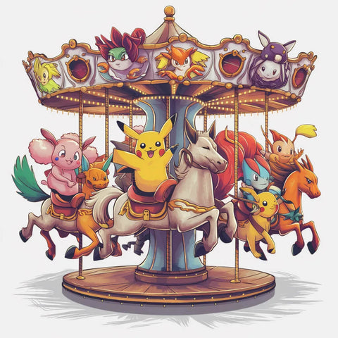 Image of Diamond painting of a carousel featuring Pokemon.