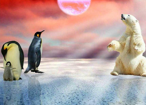 Image of diamond painting of a polar bear and penguins in the Arctic