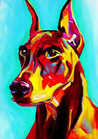 Image of Diamond painting dog in pop art style with a blue background.