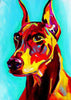 Diamond painting dog in pop art style with a blue background.