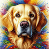 Diamond painting of a pop art portrait of a dog with a bright, colorful background.