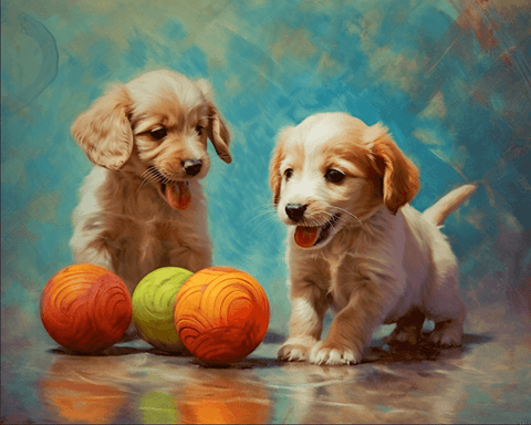 Image of diamond painting of two golden retriever puppies playing with balls