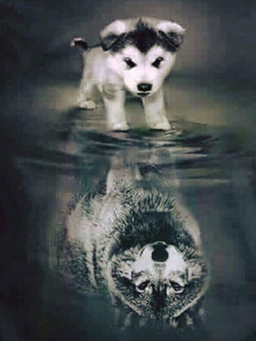Image of Diamond painting of a playful puppy gazing at its reflection in the water, which appears to be a wolf.