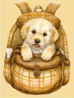 diamond painting of a puppy in a backpack