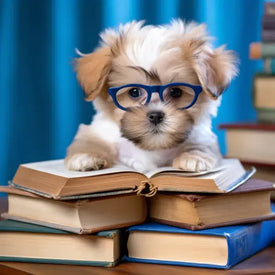 diamond painting of a puppy wearing glasses and reading a book