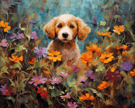 diamond painting of a golden retriever puppy in flowers