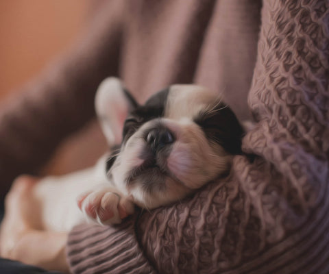 Image of diamond painting of a French Bulldog puppy sleeping in someone's arms