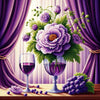 Diamond painting of purple flowers in a vase displayed next to a glass of wine. 