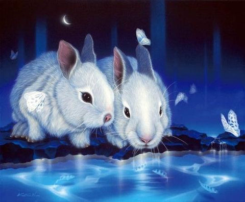 Image of diamond painting of two rabbits in a magical scene