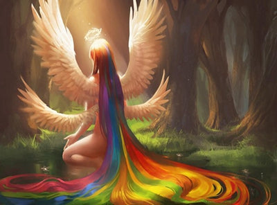 Image of diamond painting of an angel with rainbow hair