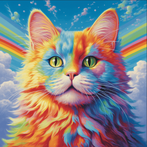 Image of diamond painting of a colorful cat with rainbow whiskers