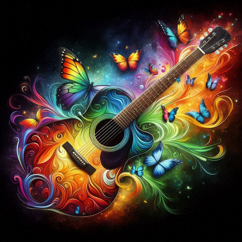 Image of Diamond painting of a colorful guitar surrounded by vibrant butterflies and swirling patterns.