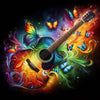 Diamond painting of a colorful guitar surrounded by vibrant butterflies and swirling patterns.