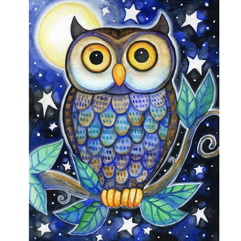 Image of Diamond painting of a realistic night owl with brown and white feathers, perched on a tree branch at night with a full moon shining in the background.