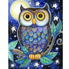 Diamond painting of a realistic night owl with brown and white feathers, perched on a tree branch at night with a full moon shining in the background.