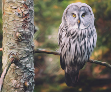 Diamond painting of a guarding owl perched on a branch of tree