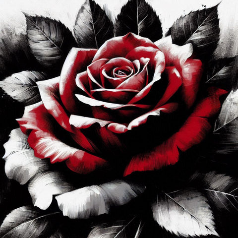 Image of Diamond painting of a red rose with black petals and leaves