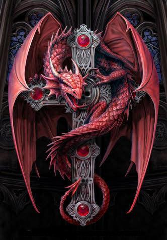 Diamond painting of a red dragon perched on a black cross.