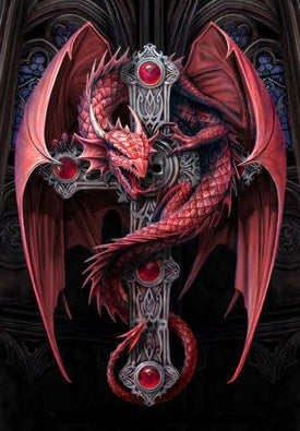 Diamond painting of a red dragon perched on a black cross.