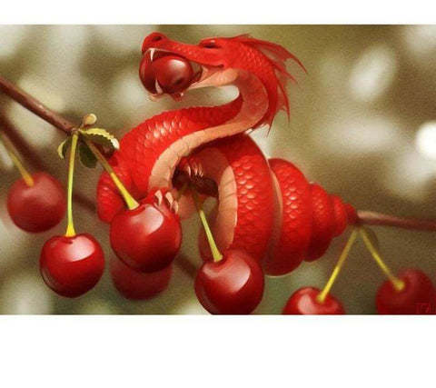 Image of Diamond painting of a little red dragon perched on a branch, eating a ripe cherry.
