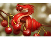 Diamond painting of a little red dragon perched on a branch, eating a ripe cherry.
