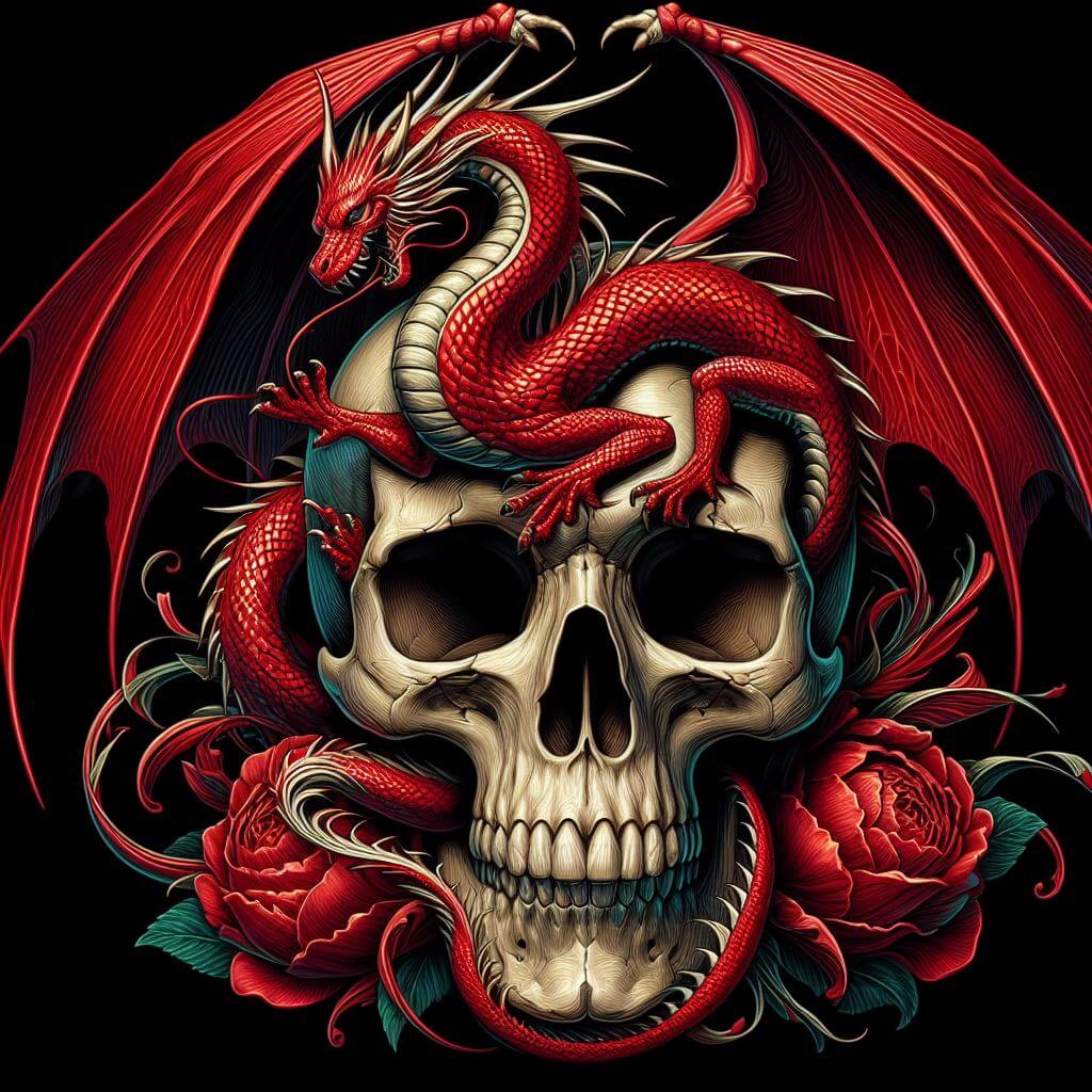 Diamond painting of a red dragon perched on a skull.