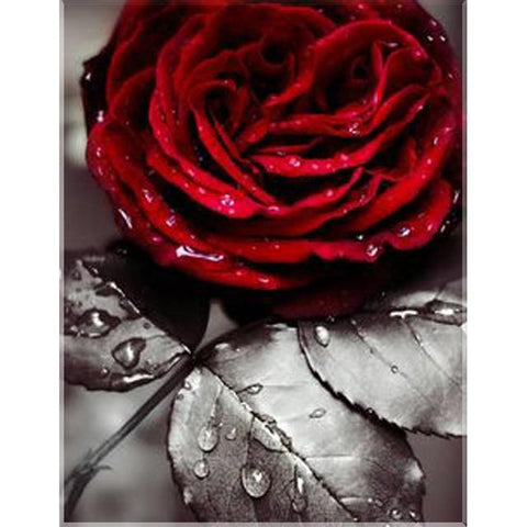 Image of diamond painting of a red rose with water droplets