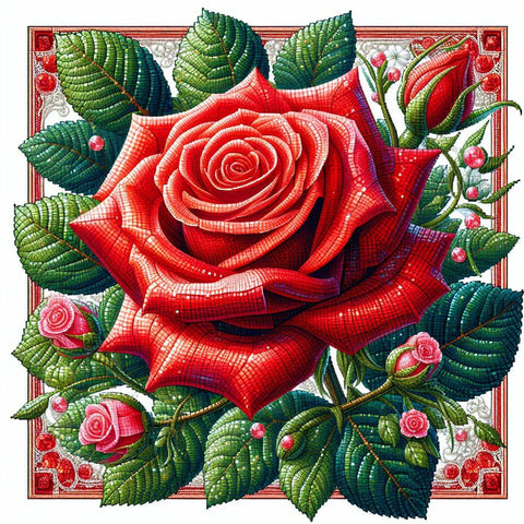 Image of Diamond painting of a colorful red roses with green leaves