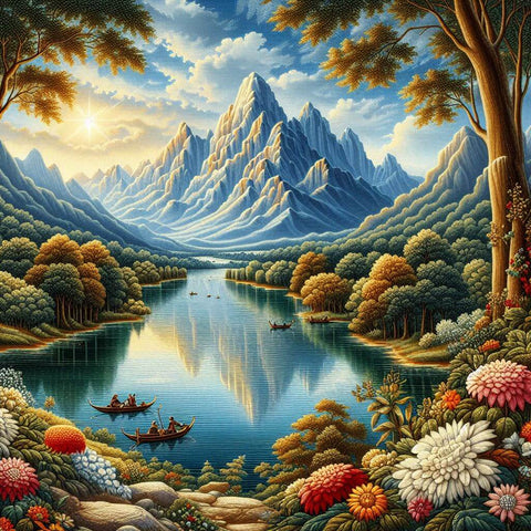 Image of Diamond painting of a scenic landscape featuring mountains along a riverbank. 