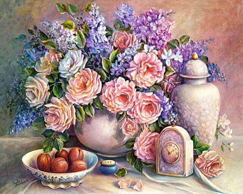 Image of diamond painting of roses and lilac in a vase