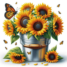 Diamond painting depicting a vibrant bouquet of sunflowers in a bin.