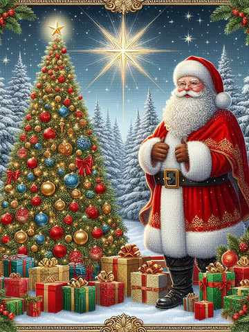 Image of Santa Claus standing beside a decorated Christmas tree with wrapped presents underneath, all created with a diamond painting effect.