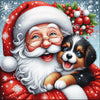 Diamond painting of Santa Claus holding a cute puppy.