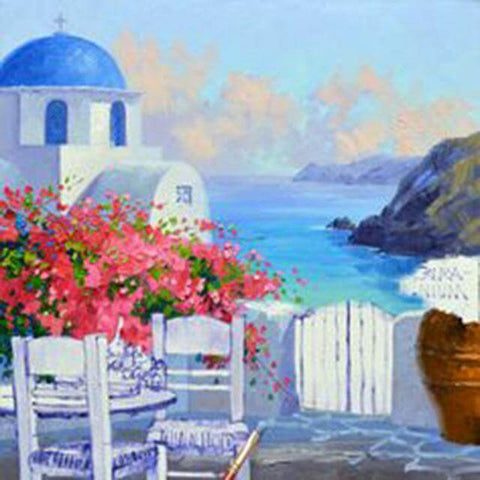 Image of diamond painting of a blue-domed church in Santorini, Greece