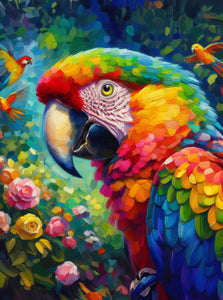 Diamond painting of a vibrantly colored scarlet macaw parrot.