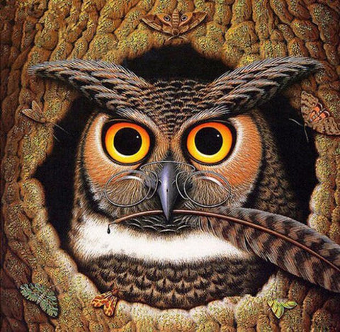 Image of Diamond painting of a scholarly owl wearing glasses