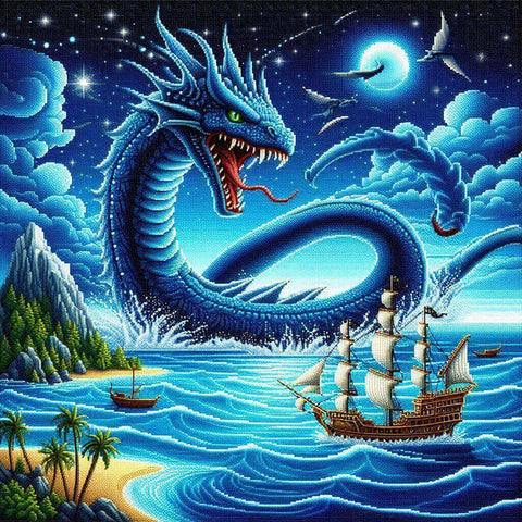 Image of Diamond painting of a giant blue dragon emerging from the sea at night, with a starry sky and islands in the background.