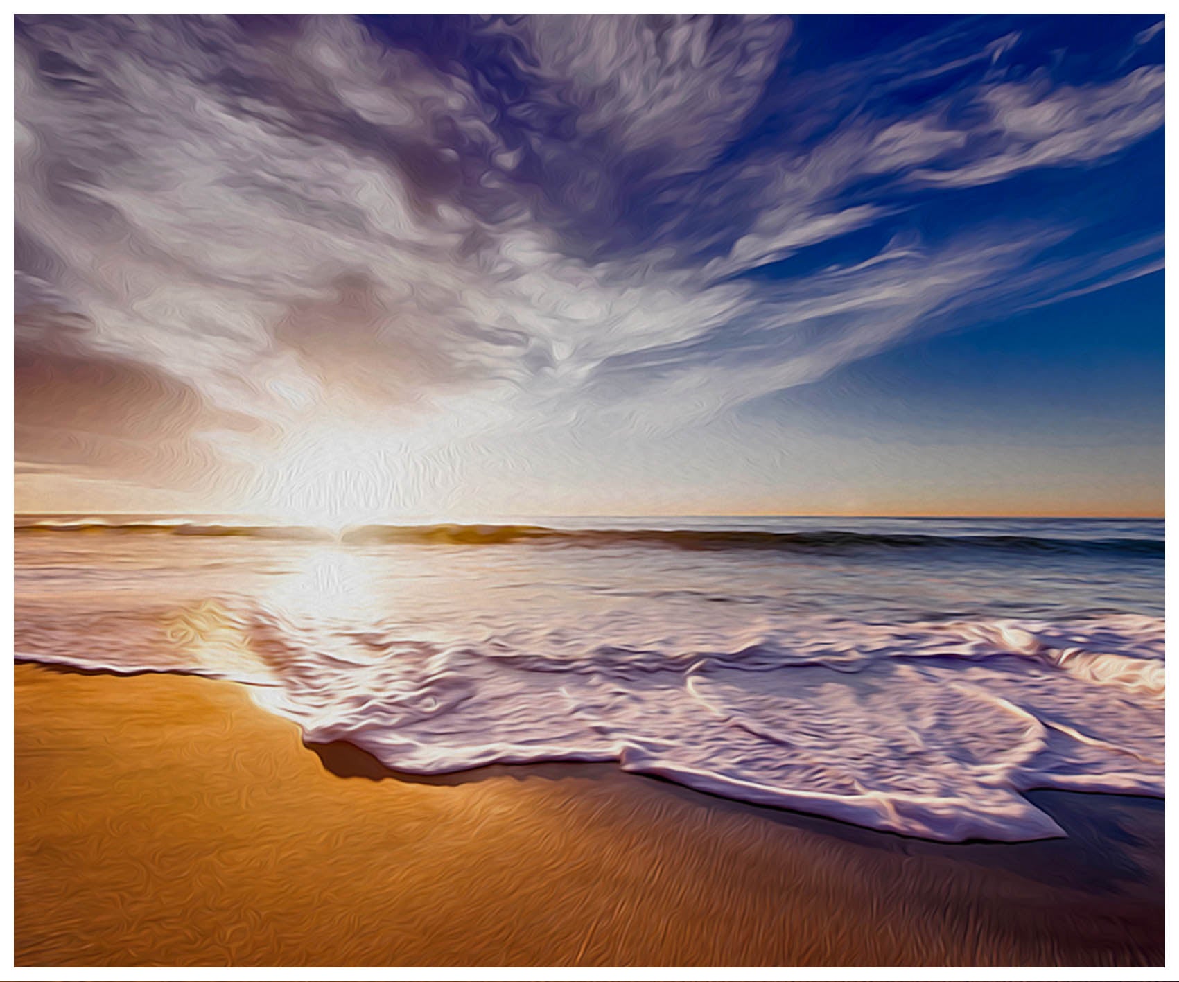 Diamond painting of a colorful sunset over a calm ocean at the seashore