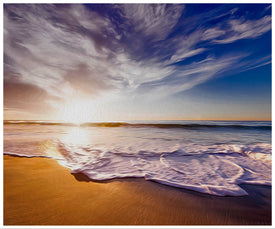 Diamond painting of a colorful sunset over a calm ocean at the seashore