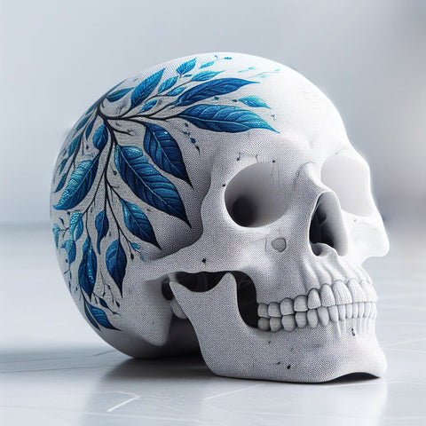 Image of Diamond painting of a skull with vibrant blue leaves on top.