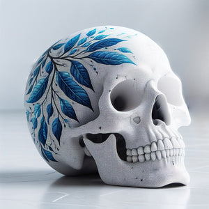 Diamond painting of a skull with vibrant blue leaves on top.