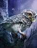 Diamond painting of a snowy owl, perched on a snow-covered branch