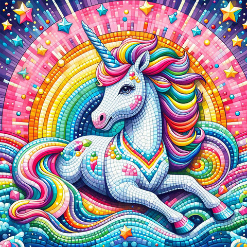 Image of Diamond painting of a majestic unicorn with a sparkling mane and tail prancing beneath a starry sky
