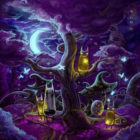 Image of diamond painting of a spooky forest with glowing creatures