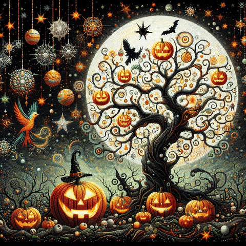 Image of Diamond painting of a spooky Halloween tree decorated with pumpkins, ghosts, and bats.