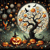 Diamond painting of a spooky Halloween tree decorated with pumpkins, ghosts, and bats.